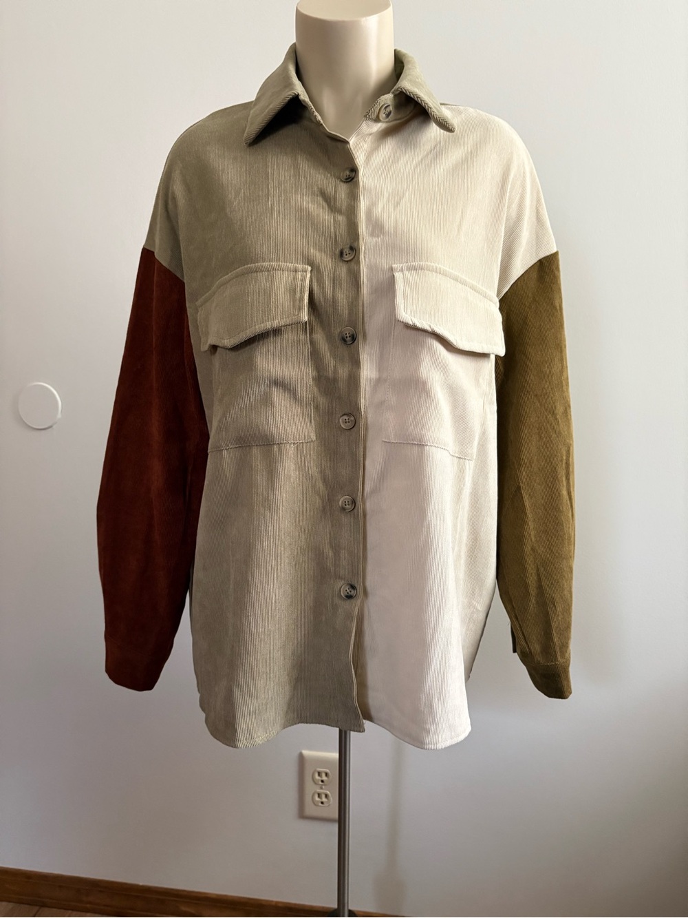 SHEIN Curve OXL Entro color block corduroy Shacket in Neutral Tones
